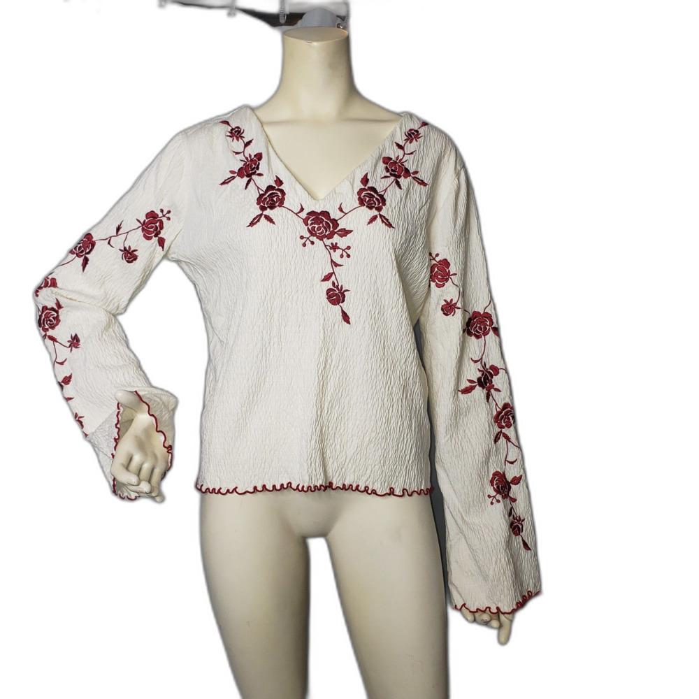 MODA INTERNATIONAL Long Sleeve Boho Enbroirdered Peasant Blouse Size Large